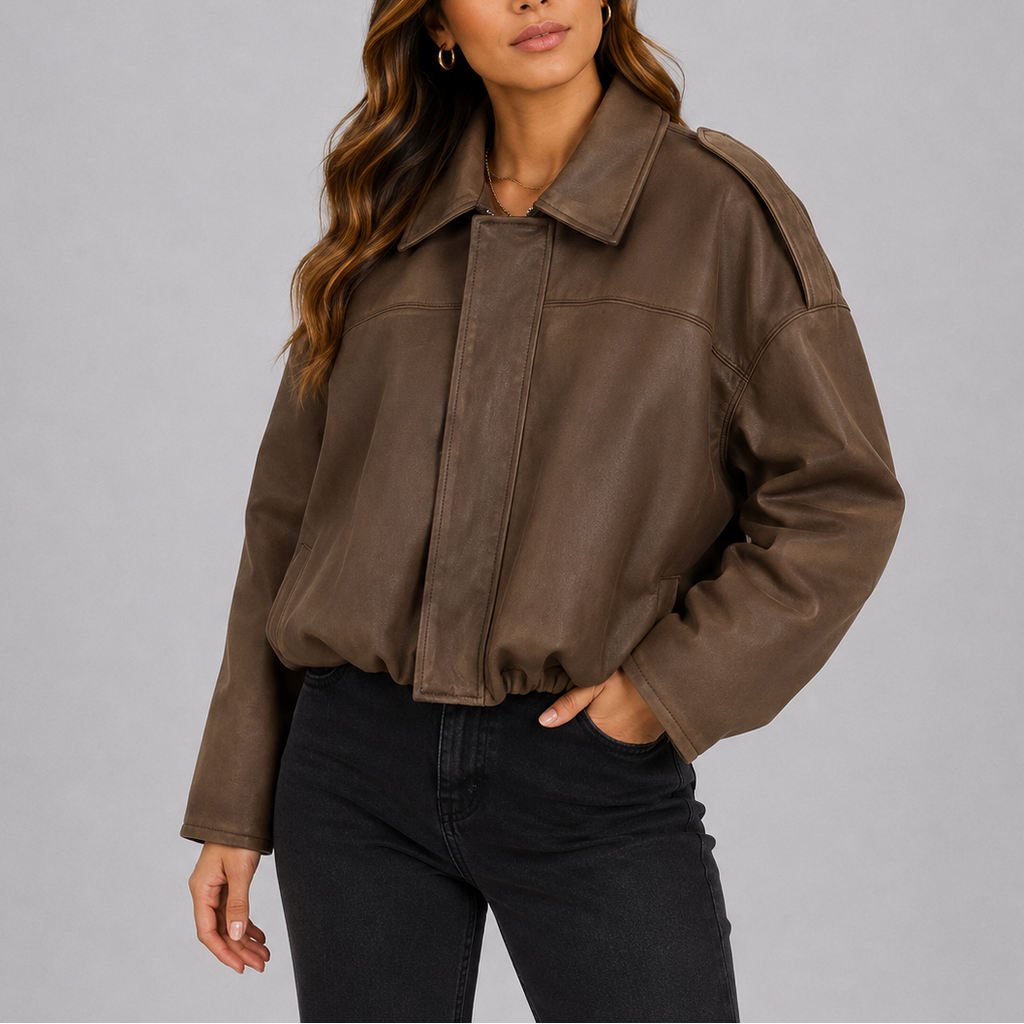 Women's Oversized Cropped Bomber Jacket with Collar