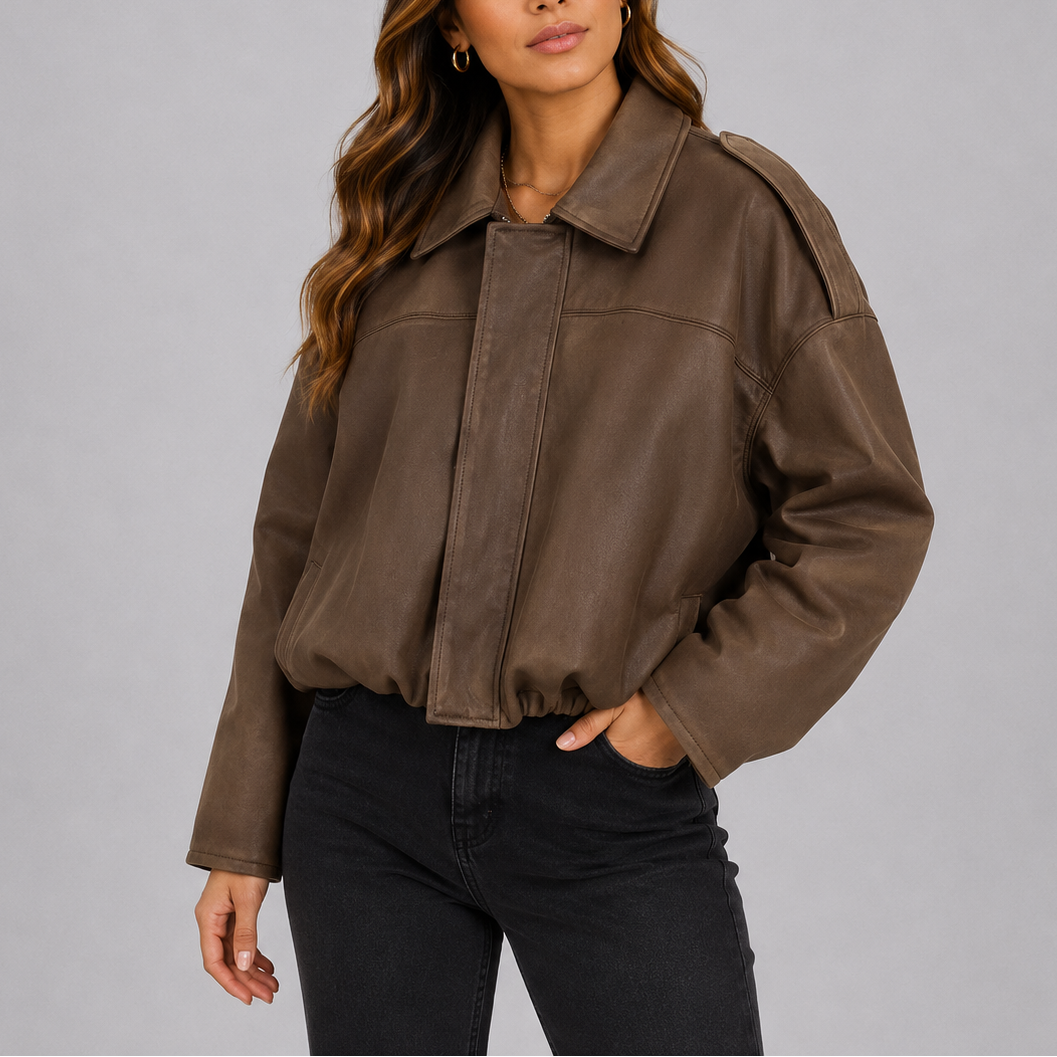 Women's Oversized Cropped Bomber Jacket with Collar