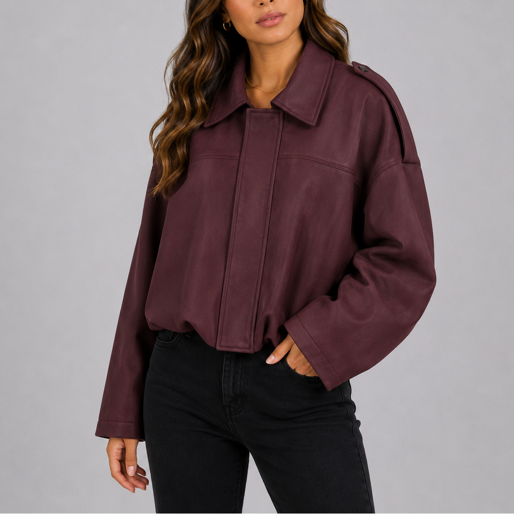 Women's Oversized Cropped Bomber Jacket with Collar