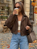 Women's Oversized Cropped Suede Style Bomber Jacket with Zip Front