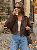 Women's Oversized Cropped Suede Style Bomber Jacket with Zip Front