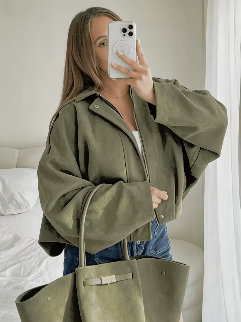 Women's Oversized Cropped Suede Style Bomber Jacket with Zip Front