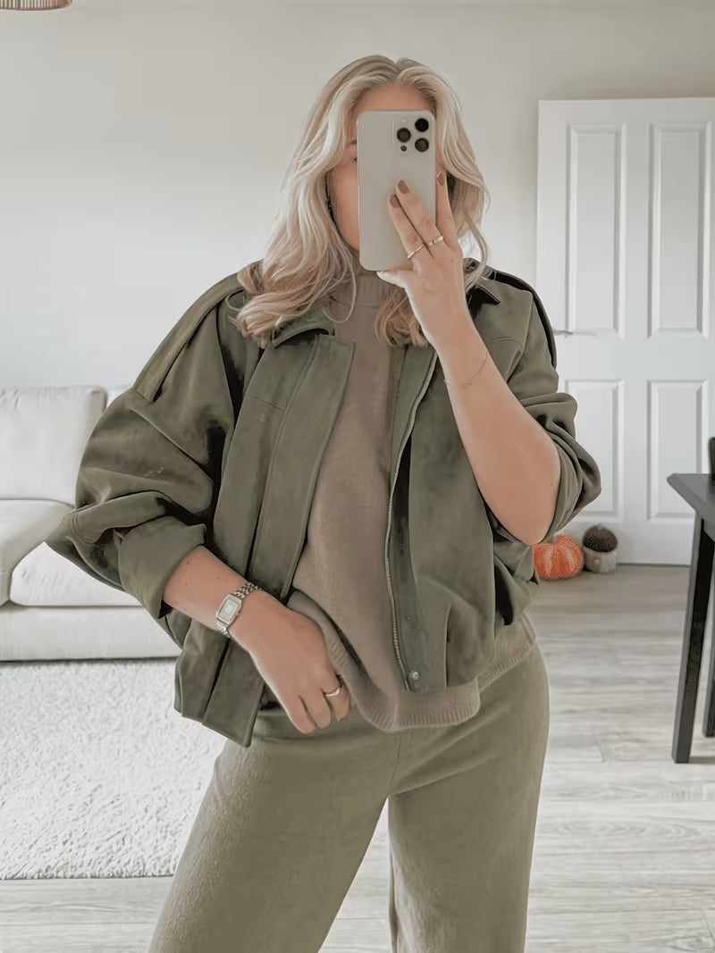 Women's Oversized Cropped Suede Style Bomber Jacket with Zip Front