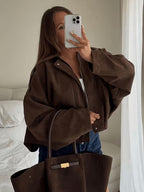Women's Oversized Cropped Suede Style Bomber Jacket with Zip Front