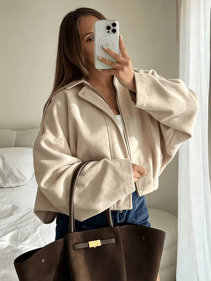 Women's Oversized Cropped Suede Style Bomber Jacket with Zip Front