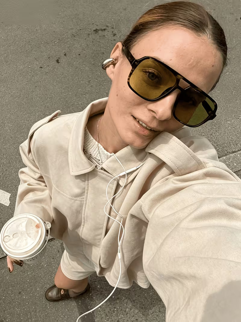 Women's Oversized Cropped Suede Style Bomber Jacket with Zip Front