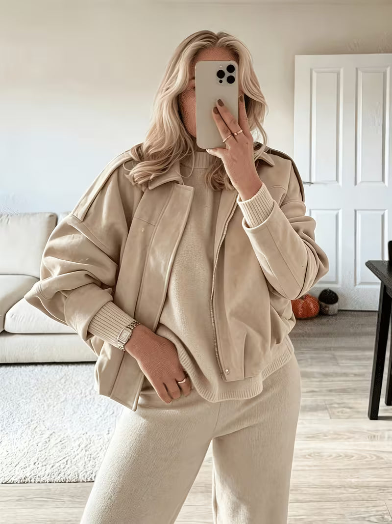 Women's Oversized Cropped Suede Style Bomber Jacket with Zip Front