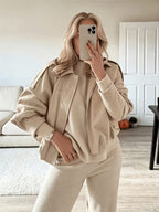 Women's Oversized Cropped Suede Style Bomber Jacket with Zip Front