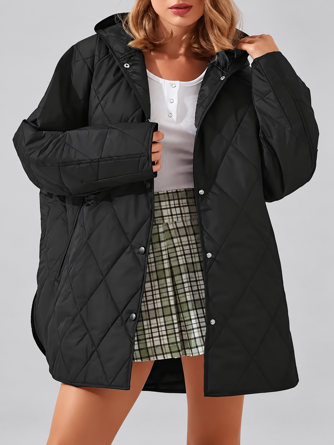 Women's Oversized Diamond Quilted Coat with Hood and Snap Front