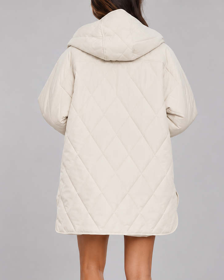 Women's Oversized Diamond Quilted Coat with Hood and Snap Front