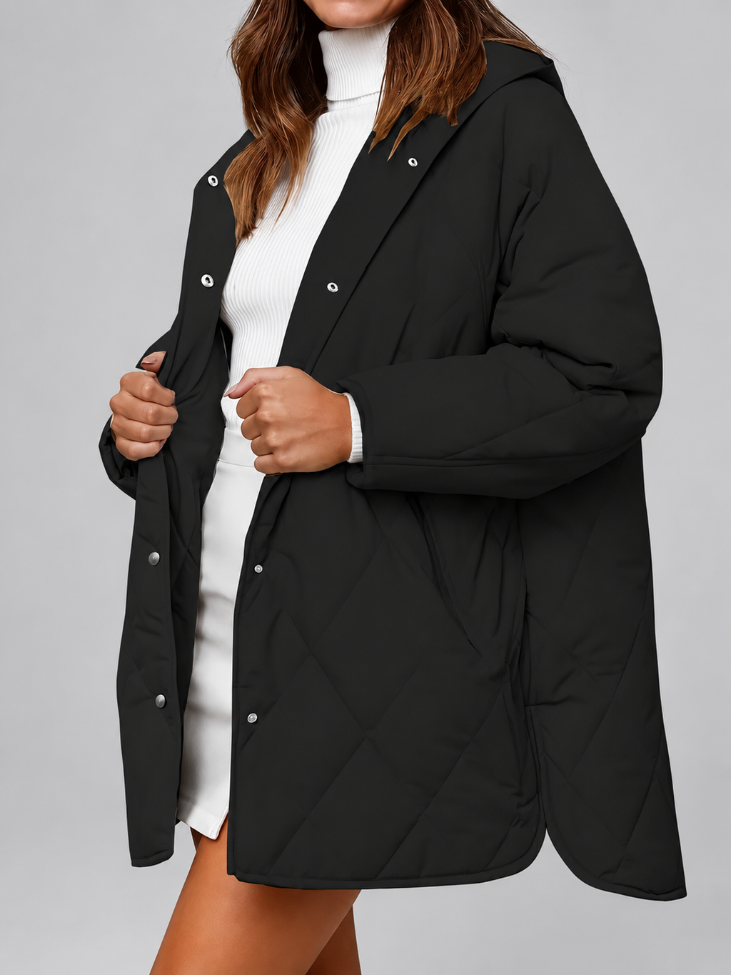 Women's Oversized Diamond Quilted Coat with Hood and Snap Front