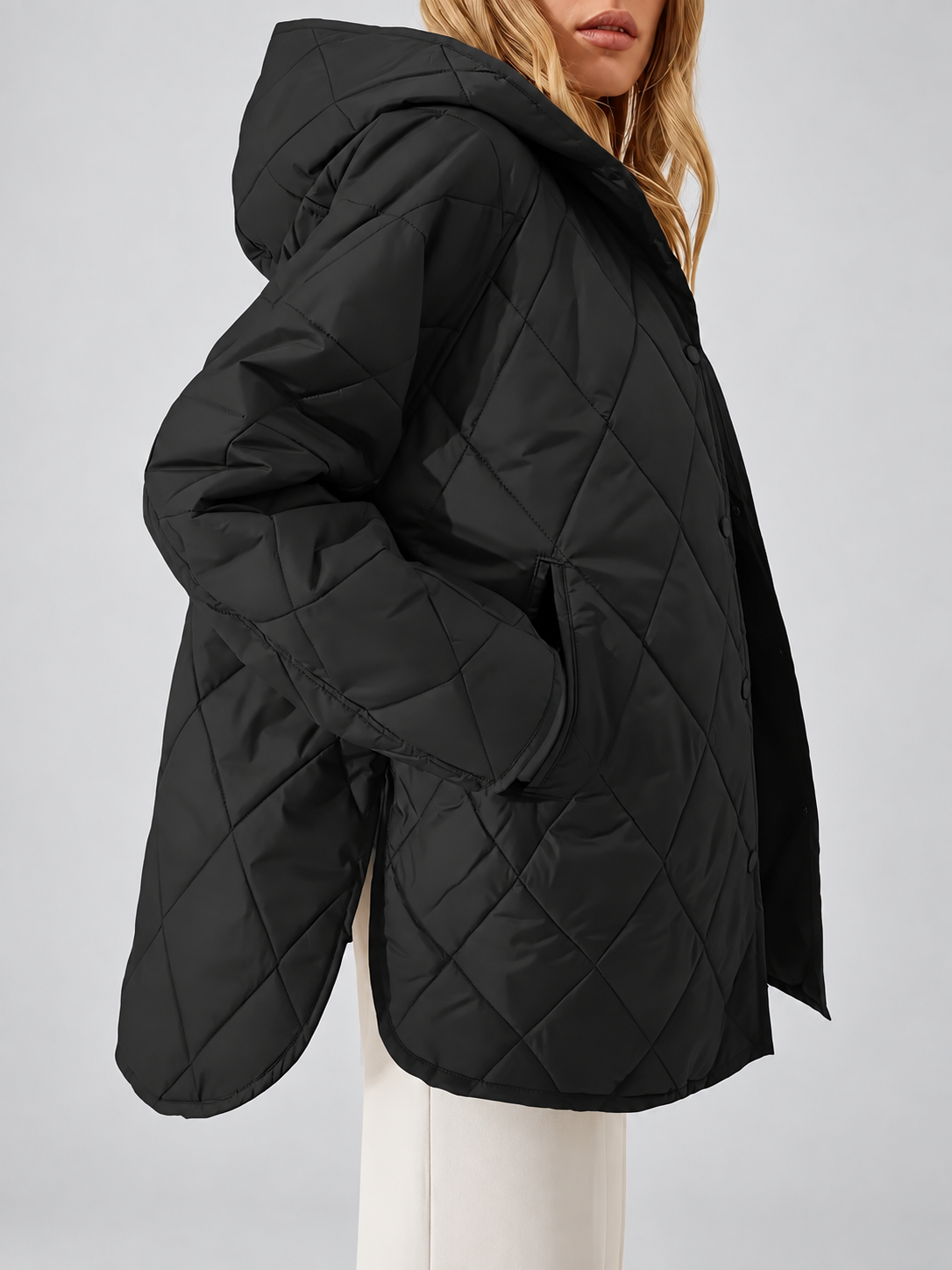 Women's Oversized Diamond Quilted Coat with Hood and Snap Front