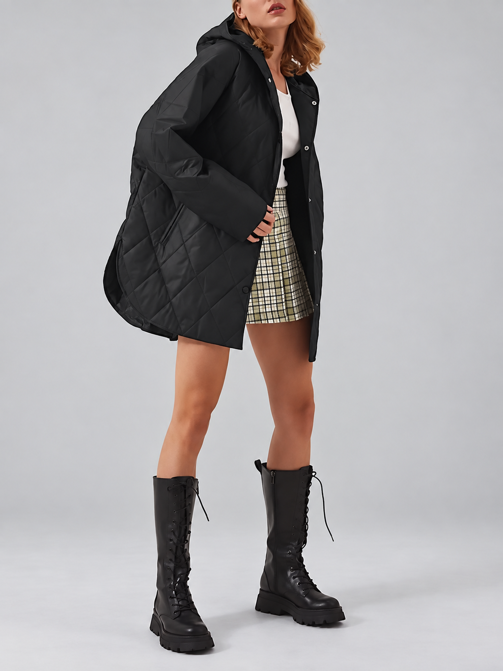 Women's Oversized Diamond Quilted Coat with Hood and Snap Front
