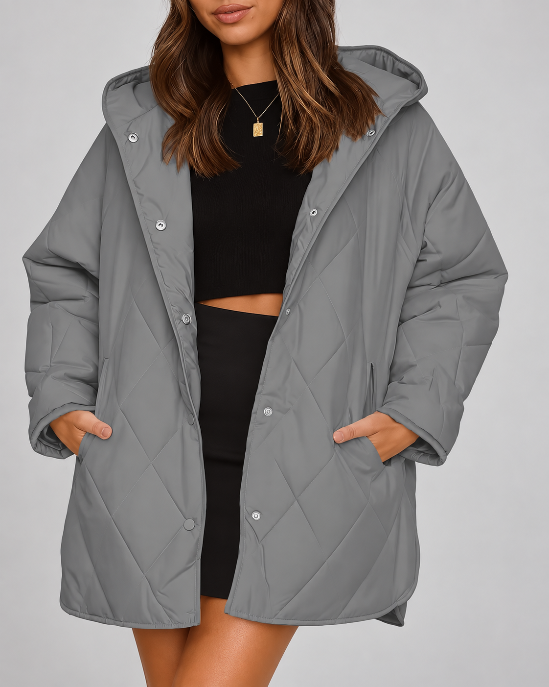 Women's Oversized Diamond Quilted Coat with Hood and Snap Front