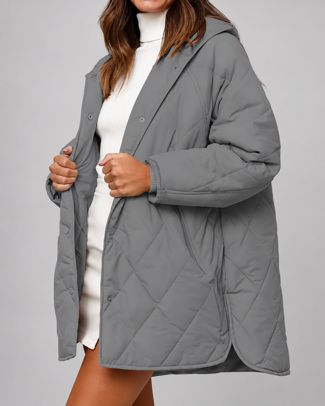 Women's Oversized Diamond Quilted Coat with Hood and Snap Front