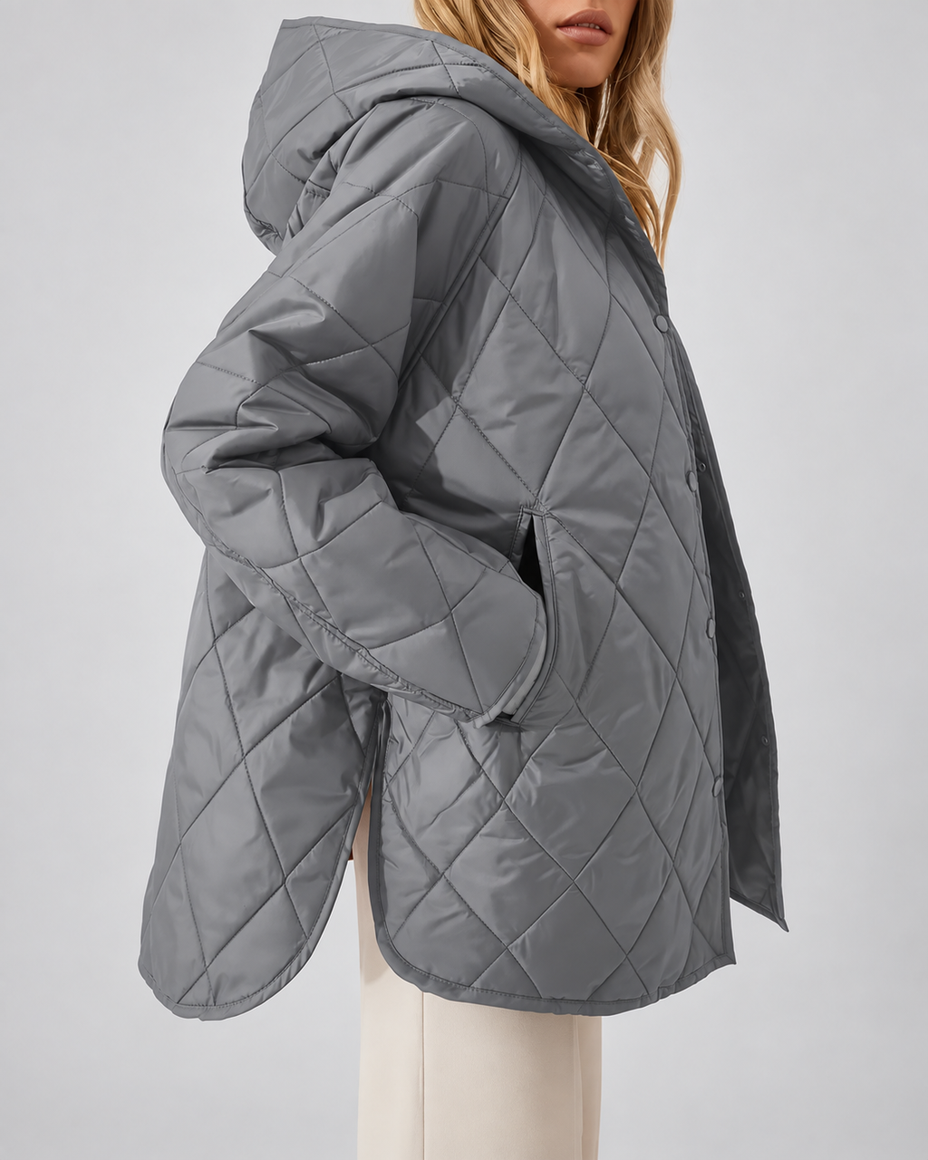 Women's Oversized Diamond Quilted Coat with Hood and Snap Front