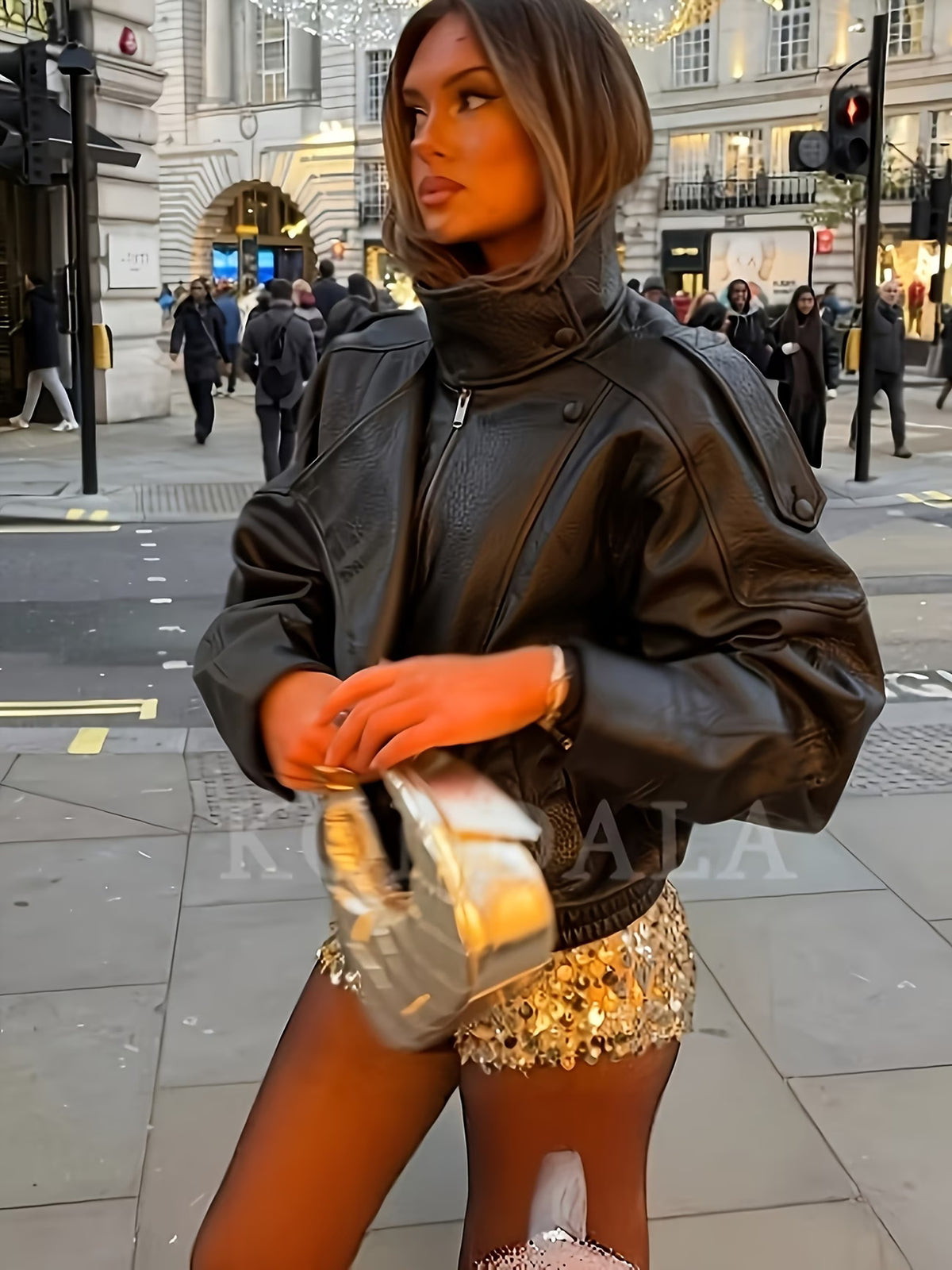 Women's Oversized Faux Leather Biker Jacket with High Collar and Zip Front
