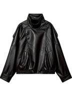 Women's Oversized Faux Leather Biker Jacket with High Collar and Zip Front