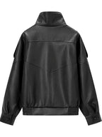 Women's Oversized Faux Leather Biker Jacket with High Collar and Zip Front