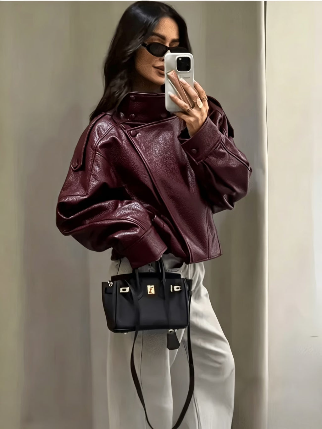 Women's Oversized Faux Leather Biker Jacket with High Collar and Zip Front