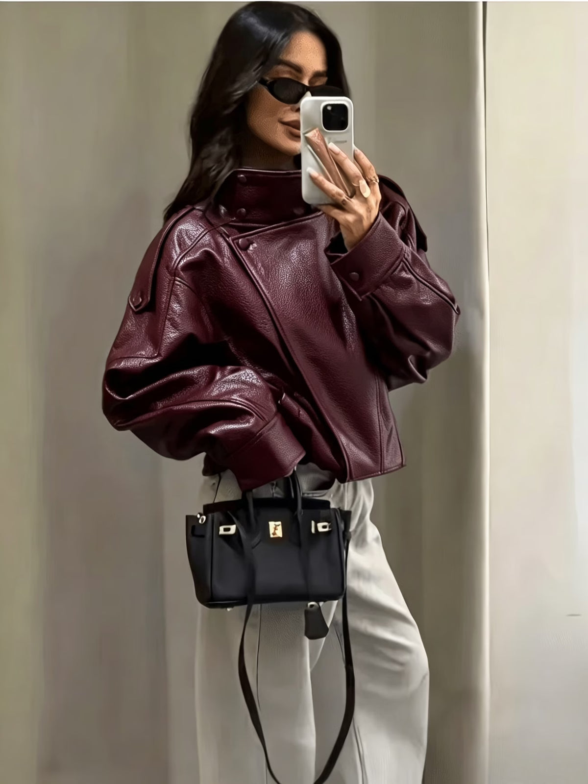 Women's Oversized Faux Leather Biker Jacket with High Collar and Zip Front