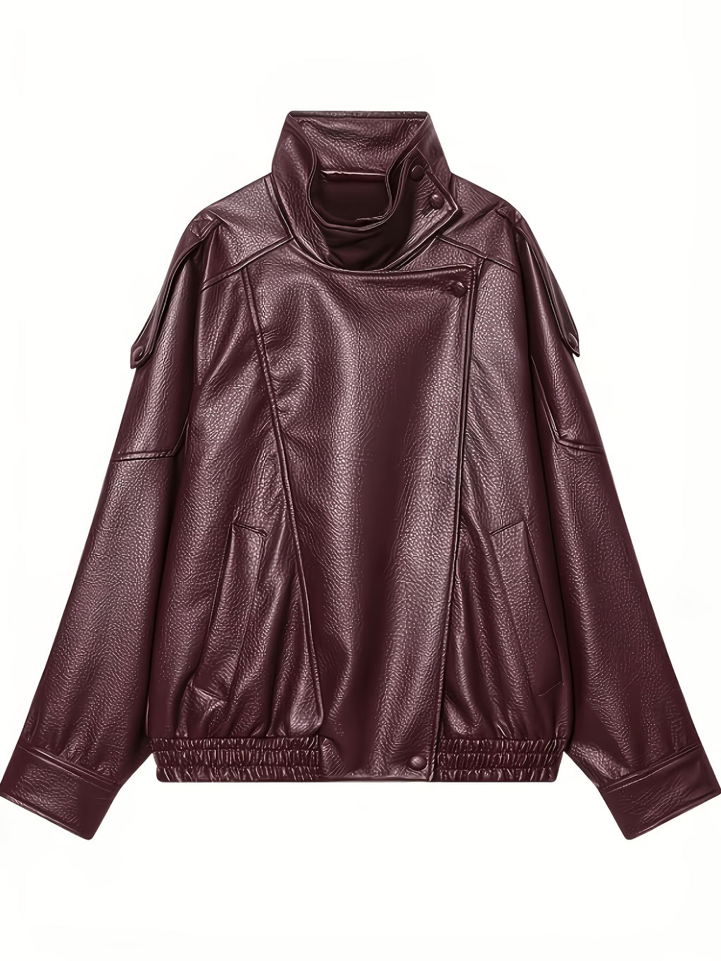Women's Oversized Faux Leather Biker Jacket with High Collar and Zip Front