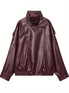 Women's Oversized Faux Leather Biker Jacket with High Collar and Zip Front