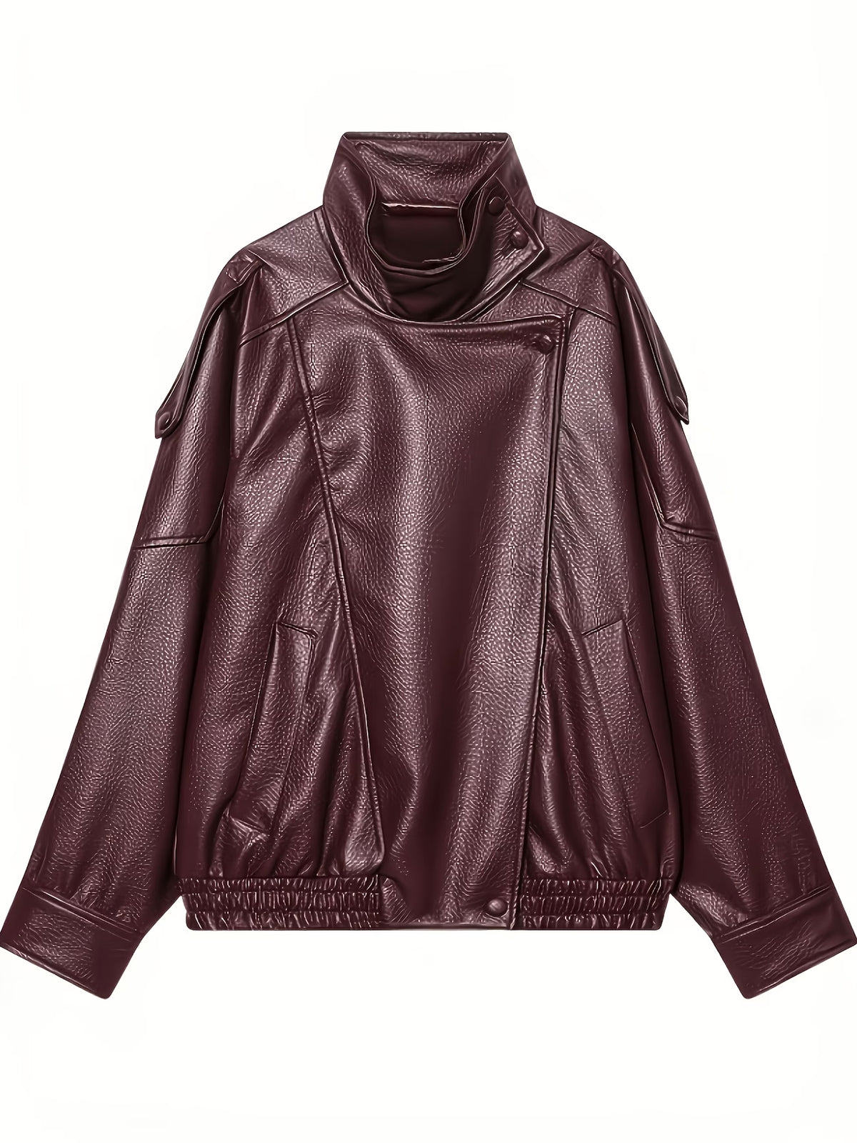 Women's Oversized Faux Leather Biker Jacket with High Collar and Zip Front