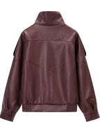 Women's Oversized Faux Leather Biker Jacket with High Collar and Zip Front