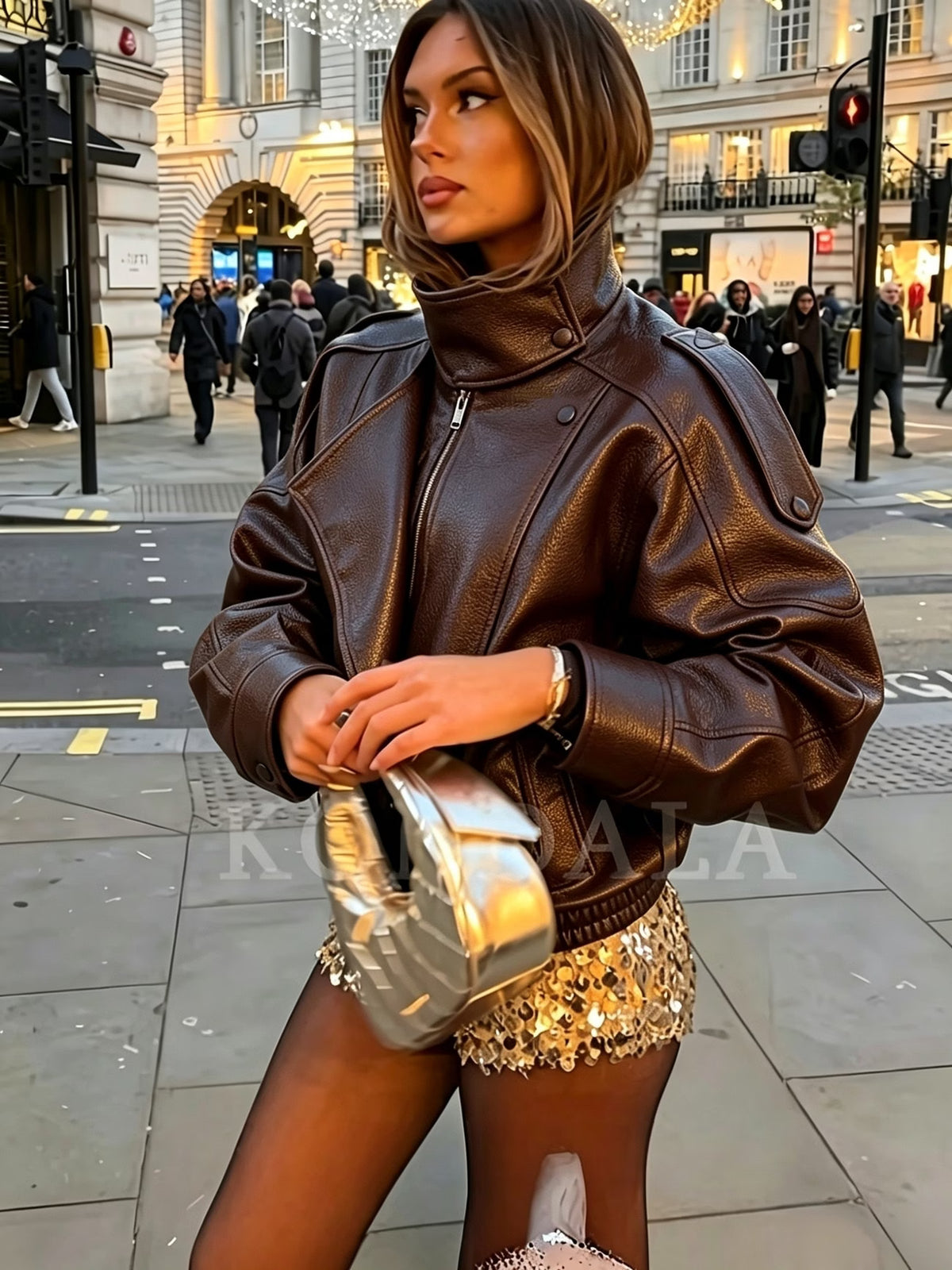 Women's Oversized Faux Leather Biker Jacket with High Collar and Zip Front