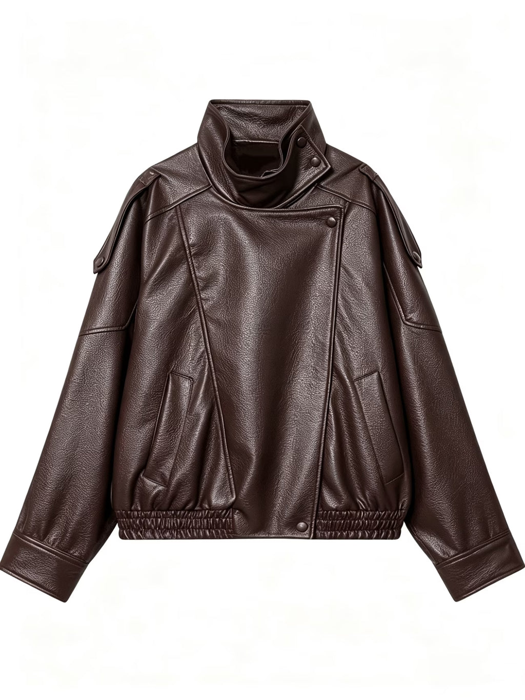 Women's Oversized Faux Leather Biker Jacket with High Collar and Zip Front