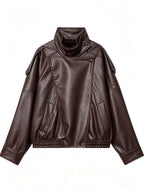 Women's Oversized Faux Leather Biker Jacket with High Collar and Zip Front