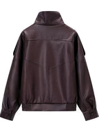 Women's Oversized Faux Leather Biker Jacket with High Collar and Zip Front
