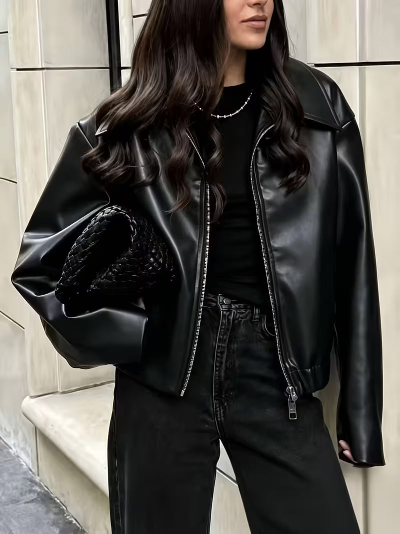 Women's Oversized Faux Leather Jacket with Zip Front and Drop Shoulders