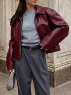 Women's Oversized Faux Leather Jacket with Zip Front and Drop Shoulders