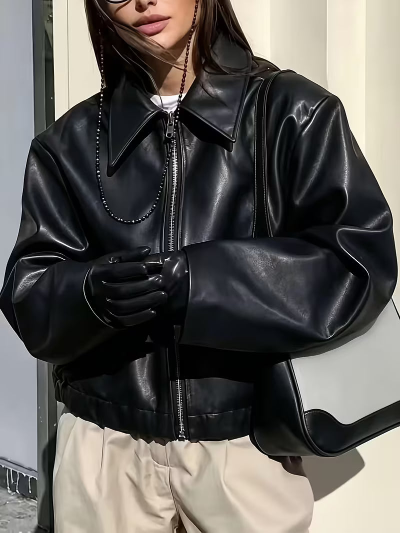 Women's Oversized Faux Leather Jacket with Zip Front and Drop Shoulders