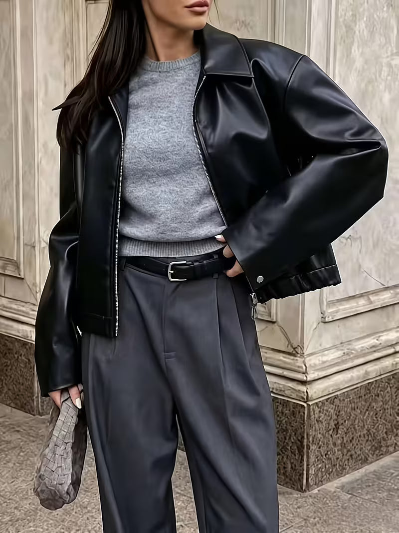 Women's Oversized Faux Leather Jacket with Zip Front and Drop Shoulders