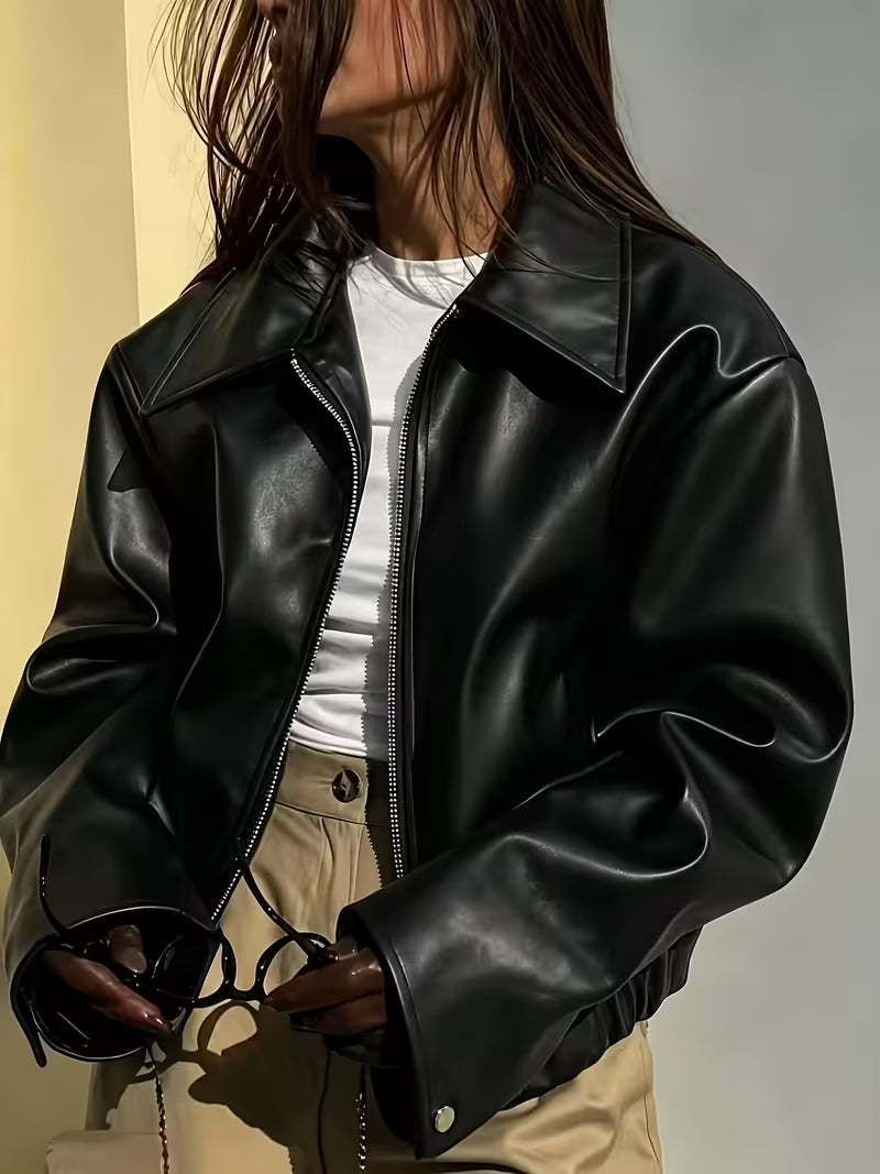 Women's Oversized Faux Leather Jacket with Zip Front and Drop Shoulders