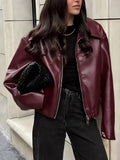 Women's Oversized Faux Leather Jacket with Zip Front and Drop Shoulders