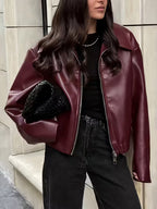 Women's Oversized Faux Leather Jacket with Zip Front and Drop Shoulders