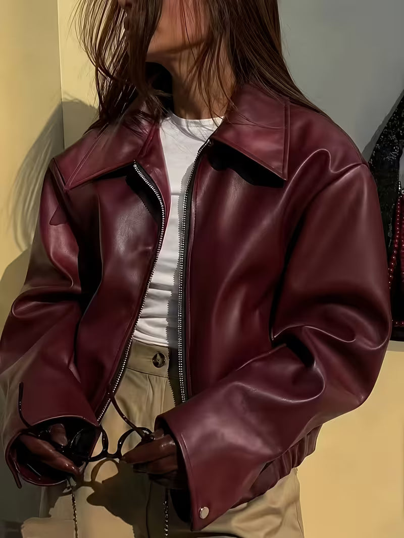 Women's Oversized Faux Leather Jacket with Zip Front and Drop Shoulders