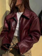 Women's Oversized Faux Leather Jacket with Zip Front and Drop Shoulders