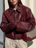Women's Oversized Faux Leather Jacket with Zip Front and Drop Shoulders