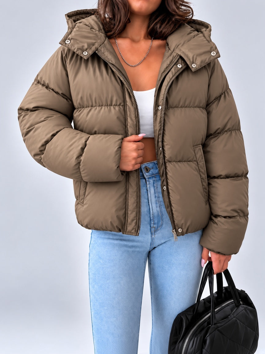 Women's oversized hooded padded puffer jacket with zip front in dark brown