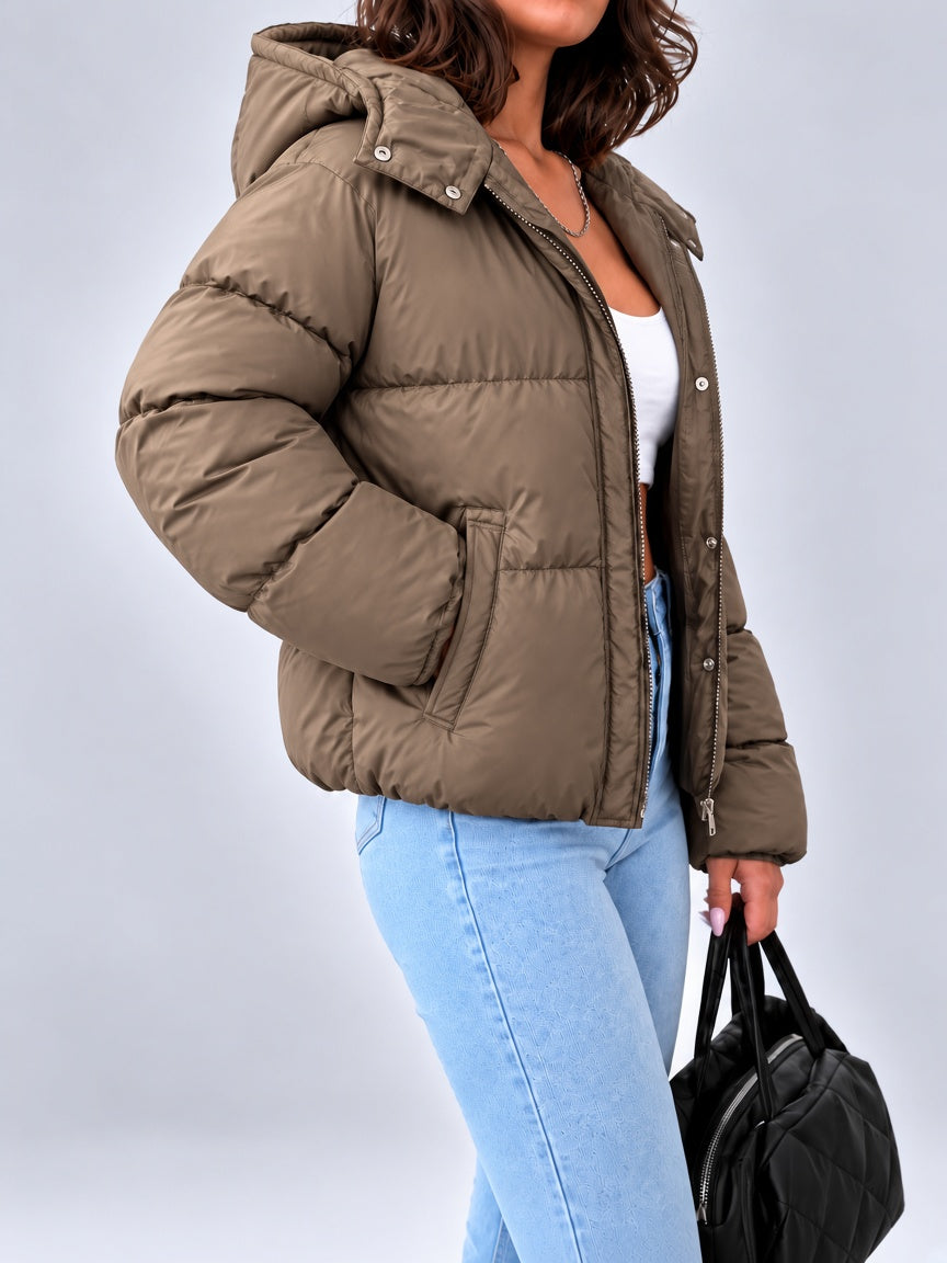 Women's oversized hooded padded puffer jacket with zip front in dark brown