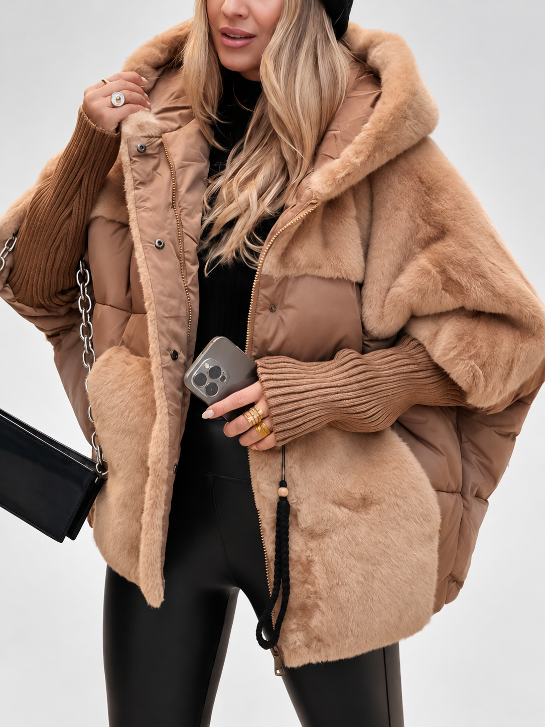 Women's Oversized Hooded Puffer Jacket with Plush Panels and Knit Sleeves in Light Brown – Front View