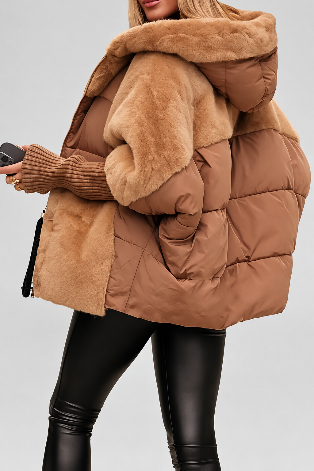 Women's Oversized Hooded Puffer Jacket with Plush Panels and Knit Sleeves in Light Brown – Side View