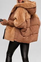 Women's Oversized Hooded Puffer Jacket with Plush Panels and Knit Sleeves in Light Brown – Side View