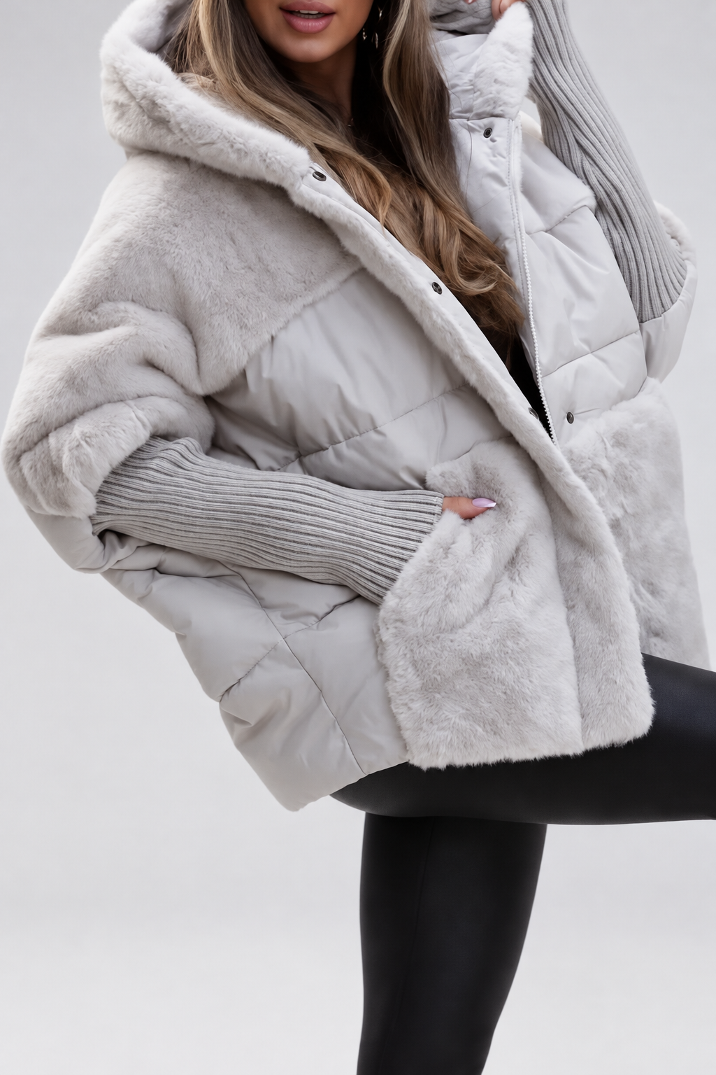 Women's Oversized Hooded Puffer Jacket with Plush Panels and Knit Sleeves in Light Grey – Front View