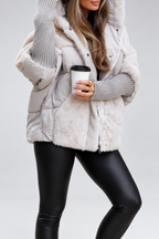 Women's Oversized Hooded Puffer Jacket with Plush Panels and Knit Sleeves in Light Grey – Front View
